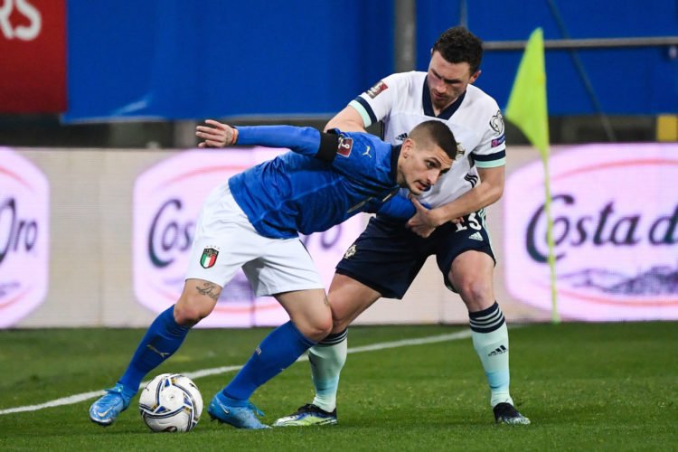MArco Verratti of Italy and Corry Evans of Northern Ireland  
during the FIFA World Cup 2022 qualification football match between Italy and Northerrn Ireland at stadio Ennio Tardini in Parma (Italy), March 25th, 2021.
