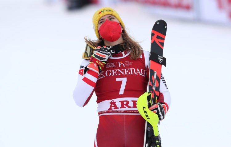 ARE,SWEDEN,13.MAR.21- ALPINE SKIING - FIS World Cup, slalom, ladies. Image shows the rejoicing of Katharina Liensberger (AUT). Photo: GEPA pictures/ Patrick Steiner 
By Icon Sport