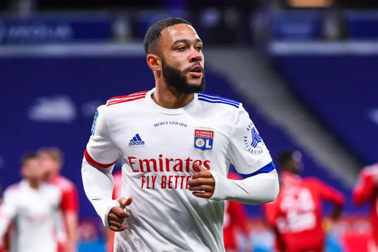 Memphis DEPAY of Lyon during the French Ligue 1 soccer match between Olympique Lyonnais and Stade Brestois 29 at Groupama Stadium on December 16, 2020 in Lyon, France.
