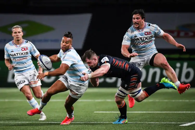 Teddy THOMAS of Racing 92 and Camille CHAT of Racing 92 during the Round of 16 Champions Cup match between Racing 92 and Edinburgh Rugby at Paris La Defense Arena on April 4, 2021 in Nanterre, France. (Photo by Matthieu Mirville/Icon Sport) - Paris La Defense Arena - Paris (France)