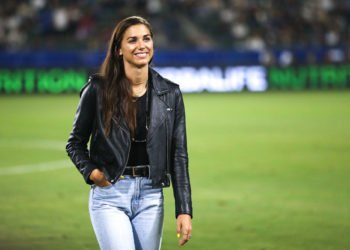 July 12, 2019: US women's soccer great Alex Morgan is featured during half time after the women's team recently won the women's world cup in France during the game between the San Jose Quakes and the Los Angeles Galaxy.