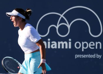 Mar 26, 2021; Miami, Florida, USA; Bianca Andreescu of Canada reacts after winning a point against Tereza Martincova of Czech Republic in the second round in the Miami Open.
