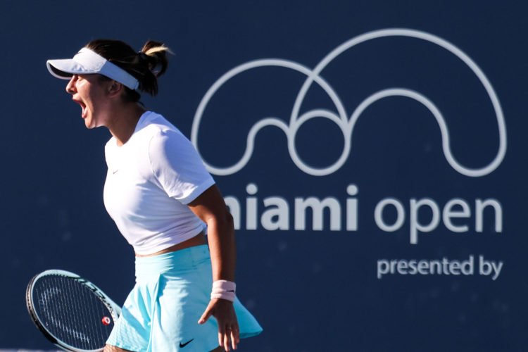 Mar 26, 2021; Miami, Florida, USA; Bianca Andreescu of Canada reacts after winning a point against Tereza Martincova of Czech Republic in the second round in the Miami Open.