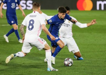 Chelsea's Christian Pulisic (centre) in action with Real Madrid's Toni Kroos (left) and Raphael Varane during the UEFA Champions League Semi Final, first leg, at the Estadio Alfredo Di Stefano in Madrid, Spain. Picture date: Tuesday April 27, 2021. 
By Icon Sport - Stade Santiago-Bernabeu - Madrid (Espagne)