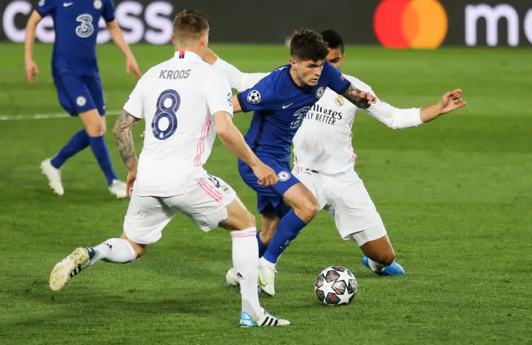 Chelsea's Christian Pulisic (centre) in action with Real Madrid's Toni Kroos (left) and Raphael Varane during the UEFA Champions League Semi Final, first leg, at the Estadio Alfredo Di Stefano in Madrid, Spain. Picture date: Tuesday April 27, 2021. 
By Icon Sport - Stade Santiago-Bernabeu - Madrid (Espagne)