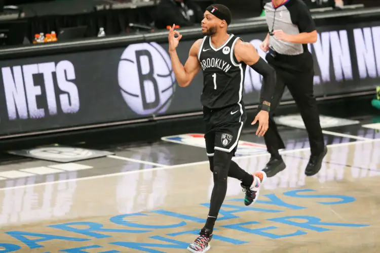 Apr 23, 2021; Brooklyn, New York, USA; Brooklyn Nets small forward Bruce Brown (1) reacts after making a three-point basket against the Boston Celtics during the second quarter at Barclays Center. Mandatory Credit: Brad Penner-USA TODAY Sports/Sipa USA 
By Icon Sport - Barclays Center - Brooklyn (Etats Unis)