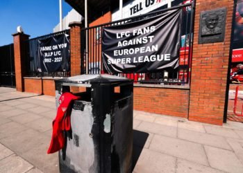 A Liverpool branded hoodie is placed in a bin and banners are placed outside of Anfield, home of Liverpool FC to protest against its decision to be included amongst the clubs attempting to form a new European Super League. Issue date: Monday April 19, 2021. 

Photo by Icon Sport - Anfield Road - Liverpool (Angleterre)