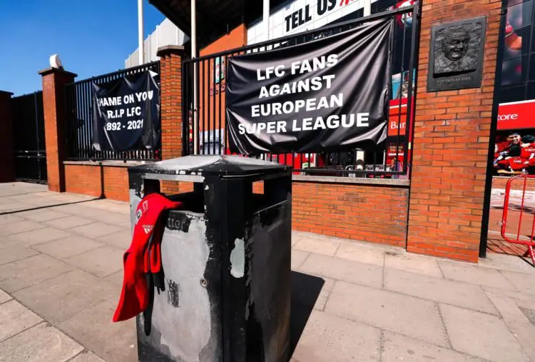 A Liverpool branded hoodie is placed in a bin and banners are placed outside of Anfield, home of Liverpool FC to protest against its decision to be included amongst the clubs attempting to form a new European Super League. Issue date: Monday April 19, 2021. 

Photo by Icon Sport - Anfield Road - Liverpool (Angleterre)