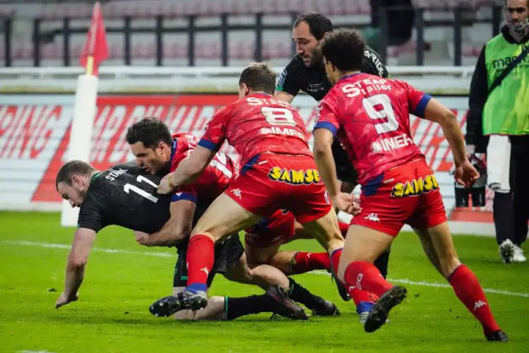 Gavin STARK of Biarritz Olympique PB Lucas DUPONT of FC Grenoble Rugby Theo NANETTE of FC Grenoble Rugby Deon FOURIE of FC Grenoble Rugby and Simon LUCU of Biarritz Olympique PB during the Pro D2 match between Biarritz and Grenoble on February 26, 2021 in Biarritz, France. (Photo by SPierre Costabadie/Icon Sport) - Deon FOURIE - Lucas DUPONT - Gavin STARK - Simon LUCU - Theo NANETTE - Parc des Sports d'Aguilera - Biarritz (France)