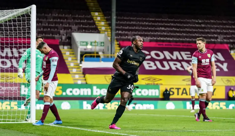 West Ham United's Michail Antonio celebrates scoring their first goal of the game during the Premier League match at Tuff Moor, Burnley. Issue date: Monday May 3, 2021. 
Photo by Icon Sport - Turf Moor - Burnley (Angleterre)