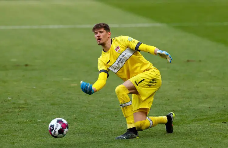 25 April 2021, Saxony, Leipzig: Football: Bundesliga, RB Leipzig - VfB Stuttgart, Matchday 31 at Red Bull Arena: Stuttgart goalkeeper Gregor Kobel plays the ball. Photo: Odd Andersen/AFP-Pool/dpa - IMPORTANT NOTE: In accordance with the regulations of the DFL Deutsche Fußball Liga and/or the DFB Deutscher Fußball-Bund, it is prohibited to use or have used photographs taken in the stadium and/or of the match in the form of sequence pictures and/or video-like photo series. 
By Icon Sport - Red Bull Arena - Leipzig (Allemagne)