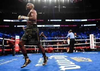 26 August 2017; Floyd Mayweather Jr following his super welterweight boxing match against Conor McGregor after referee Robert Byrd stopped the fight at T-Mobile Arena in Las Vegas, USA. Photo by Stephen McCarthy/Sportsfile / Icon Sport *** Local Caption ***
