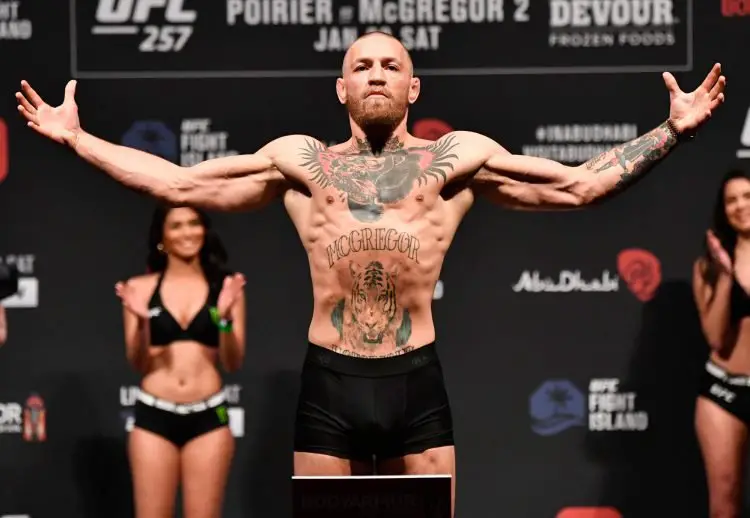 Jan 22, 2021; Abu Dhabi, UNITED ARAB EMIRATES;   Conor McGregor of Ireland poses on the scale during the UFC 257 weigh-in at Etihad Arena on UFC Fight Island on January 22, 2021 in Abu Dhabi, United Arab Emirates. Mandatory Credit: Jeff Bottari/Handout Photo via USA TODAY Sports/Sipa USA 
By Icon Sport - Conor MCGREGOR - Abu Dhabi (Emirats Arabes Unis)