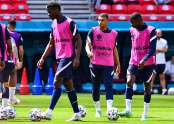 Paul POGBA of France, Kylian MBAPPE of France and Ousmane DEMBELE of France during the training session of France prior the match Hungary and France at Stadium Puskas Ferenc on June 18, 2021 in Budapest, Hungary. (Photo by Baptiste Fernandez/Icon Sport) - Ferenc Puskás Stadium - Budapest (Hongrie)