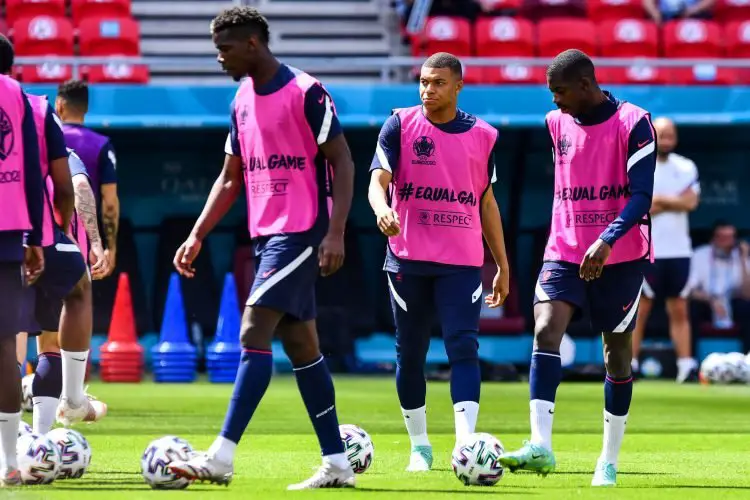 Paul POGBA of France, Kylian MBAPPE of France and Ousmane DEMBELE of France during the training session of France prior the match Hungary and France at Stadium Puskas Ferenc on June 18, 2021 in Budapest, Hungary. (Photo by Baptiste Fernandez/Icon Sport) - Ferenc Puskás Stadium - Budapest (Hongrie)