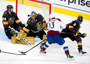 Jun 10, 2021; Las Vegas, Nevada, USA; Vegas Golden Knights defenseman Nick Holden (22) helps goaltender Marc-Andre Fleury (29) defend the goal against Colorado Avalanche right wing Valeri Nichushkin (13) during the third period in game six of the second round of the 2021 Stanley Cup Playoffs at T-Mobile Arena. Mandatory Credit: Gary A. Vasquez-USA TODAY Sports/Sipa USA by Icon Sport - Marc-Andre FLEURY - Nick HOLDEN - Valeri NICHUSHKIN - T-Mobile Arena - Las Vegas (Etats Unis)