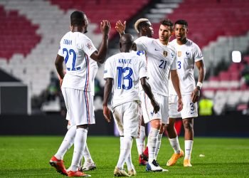Marcus THURAM of France, Ngolo KANTE of France, Lucas HERNANDEZ of France and Presnel KIMPEMBE of France celebrate after the UEFA Nations League - Group 3 match between Portugal and France on November 14, 2020 in Lisbon, Portugal. (Photo by Baptiste Fernandez/Icon Sport) - Presnel KIMPEMBE - Lucas HERNANDEZ - Marcus THURAM - Paul POGBA - Ngolo KANTE - Estàdio da Luz - Lisbonne (Portugal)