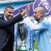 Manchester City manager Pep Guardiola celebrates with chairman Khaldoon Al Mubarak (left) and the Premier League trophy after the Premier League match at the Etihad Stadium, Manchester on 6th May 2018
Photo : PA Images / Icon Sport