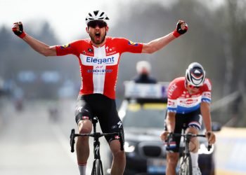 Danish Kasper Asgreen of Deceuninck - Quick-Step celebrates as he crosses the finish line to win the 105th edition of the 'Ronde van Vlaanderen - Tour des Flandres - Tour of Flanders' one day cycling race, 254km from Antwerp to Oudenaarde, Sunday 04 April 2021. BELGA PHOTO DAVID PINTENS 
By Icon Sport - Mathieu VAN DER POEL - Kasper ASGREEN