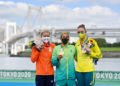 From left: Sharon VAN ROUWENDAAL (NED), Ana Marcela CUNHA (BRA), Angelica ANDRE (AUS) with medals, award ceremony. Women's 10 km marathon swimming, long distance swimming, Odaiba Marine Park on 08/04/2021. Olympic Summer Games 2020, from 23.07. - 08.08.2021 in Tokyo / Japan. 
By Icon Sport - Base Nautique d'Odaiba - Tokyo  (Japon)