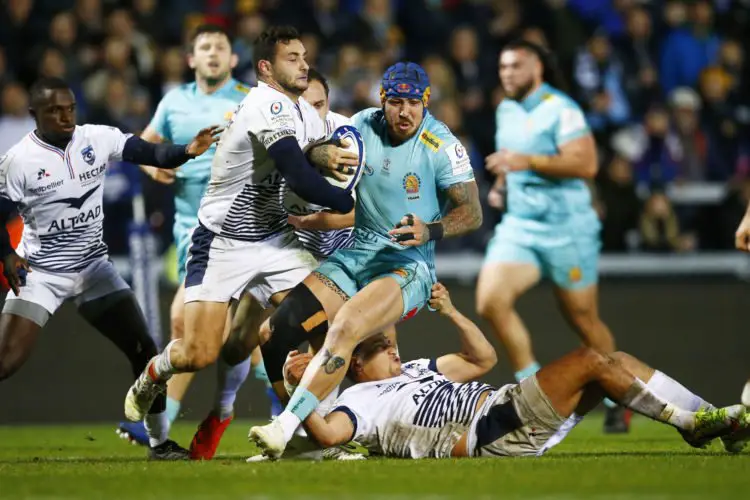 Exeter Chiefs' Jack Nowell is tackled during the Heineken Champions Cup match at Sandy Park, Exeter. Picture date: Saturday December 11, 2021. - Photo by Icon sport -  (Angleterre)