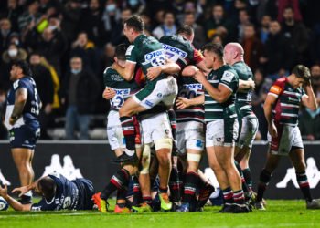Team of Leicester celebrates victory during European Rugby Champions Cup match between Union Bordeaux Begles and Leicester Tigers, at Stade Chaban Delmas on December 11, 2021 in Bordeaux, France. (Photo by Sandra Ruhaut/Icon Sport) - Stade Chaban-Delmas - Bordeaux (France)