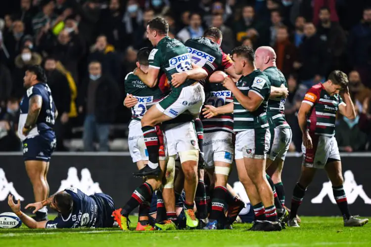 Team of Leicester celebrates victory during European Rugby Champions Cup match between Union Bordeaux Begles and Leicester Tigers, at Stade Chaban Delmas on December 11, 2021 in Bordeaux, France. (Photo by Sandra Ruhaut/Icon Sport) - Stade Chaban-Delmas - Bordeaux (France)