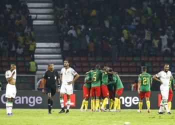 Karl Toko Ekambi of Cameroon is congratulated for scoring the opening goal during the 2021 Africa Cup of Nations Afcon Finals football match between Cameroon and Comoros at Olembe Stadium in Yaounde, Cameroon on 24 January 2022 ©Alain Guy Suffo/Sports Inc - Photo by Icon sport