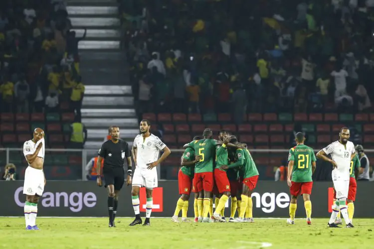 Karl Toko Ekambi of Cameroon is congratulated for scoring the opening goal during the 2021 Africa Cup of Nations Afcon Finals football match between Cameroon and Comoros at Olembe Stadium in Yaounde, Cameroon on 24 January 2022 ©Alain Guy Suffo/Sports Inc - Photo by Icon sport