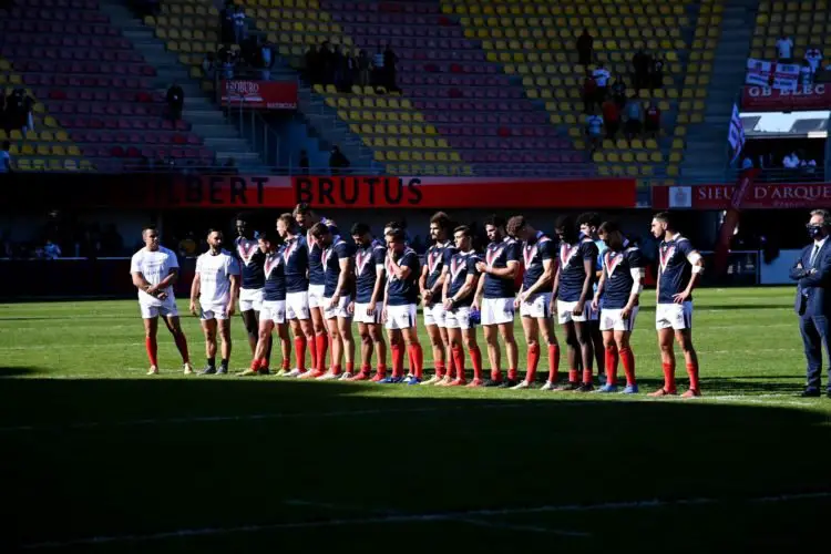 L'équipe de France de Rugby à XIII lors d'un match amical face à l'Angleterre, le 23 octobre 2021