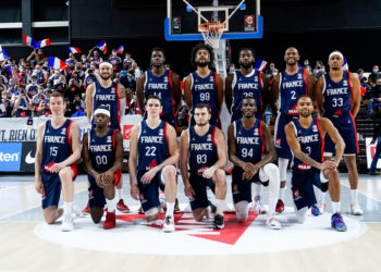 Isaia CORDINIER of France, Mouhammadou JAITEH of France, Louis LABEYRIE of France, Mathias LESSORT of France, Amath M'BAYE of France, Axel TOUPANE of France, Nicolas LANG of France, Sylvain FRANCISCO of France, Terry TARPEY of France, Axel JULIEN of France, Lahaou KONATE of France and David MICHINEAU of France during the World Cup Qualifications match between France and Portugl on February 24, 2022 in Dijon, France. (Photo by Hugo Pfeiffer/Icon Sport)