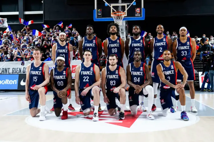 Isaia CORDINIER of France, Mouhammadou JAITEH of France, Louis LABEYRIE of France, Mathias LESSORT of France, Amath M'BAYE of France, Axel TOUPANE of France, Nicolas LANG of France, Sylvain FRANCISCO of France, Terry TARPEY of France, Axel JULIEN of France, Lahaou KONATE of France and David MICHINEAU of France during the World Cup Qualifications match between France and Portugl on February 24, 2022 in Dijon, France. (Photo by Hugo Pfeiffer/Icon Sport)