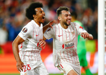 Munir El Haddadi of Sevilla FC celebrates his goal with Jules Kounde during the UEFA Europa League match, round of 16 between Sevilla FC and West Ham played at Sanchez Pizjuan Stadium on March 10, 2022 in Sevilla, Spain. (Antonio Pozo / Pressinphoto / Icon Sport) - Photo by Icon sport