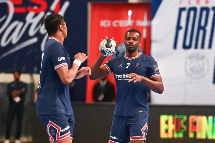 Sadou NTANZI of PSG during the EHF Champions League match between Paris Saint Germain and Elverum at Stade Pierre de Coubertin on April 7, 2022 in Paris, France. (Photo by Anthony Dibon/Icon Sport)