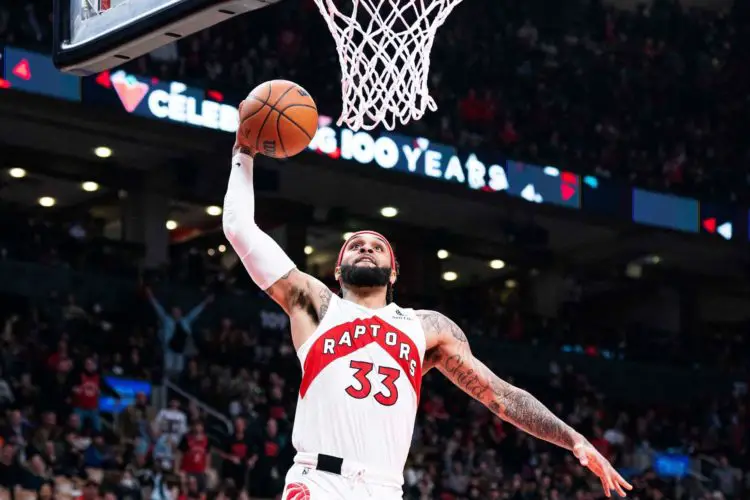 Apr 23, 2022; Toronto, Ontario, CAN; Toronto Raptors guard Gary Trent Jr. (33) drives to the basket during the third quarter in game four of the first round for the 2022 NBA playoffs against the Philadelphia 76ers at Scotiabank Arena. Mandatory Credit: Nick Turchiaro-USA TODAY Sports/Sipa USA - Photo by Icon sport