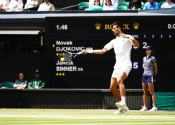 Serbia's Novak Djokovic in action against Italy's Jannik Sinner in the quarter finals match on centre court on day nine of the 2022 Wimbledon Championships at the All England Lawn Tennis and Croquet Club, Wimbledon. Picture date: Tuesday July 5, 2022. - Photo by Icon sport