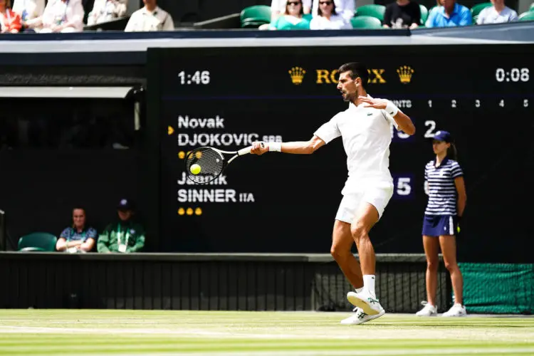 Serbia's Novak Djokovic in action against Italy's Jannik Sinner in the quarter finals match on centre court on day nine of the 2022 Wimbledon Championships at the All England Lawn Tennis and Croquet Club, Wimbledon. Picture date: Tuesday July 5, 2022. - Photo by Icon sport