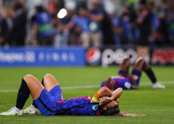 Turin, Italy, 21st May 2022. Alexia Putellas of FC Barcelona and Asisat Oshoala of FC Barcelona reacts at the final whistle following the 3-1 defeat in the UEFA Womens Champions League match at Juventus Stadium, Turin. Picture credit should read: Jonathan Moscrop / Sportimage - Photo by Icon sport