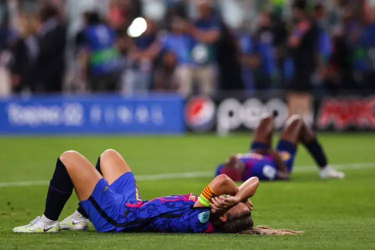 Turin, Italy, 21st May 2022. Alexia Putellas of FC Barcelona and Asisat Oshoala of FC Barcelona reacts at the final whistle following the 3-1 defeat in the UEFA Womens Champions League match at Juventus Stadium, Turin. Picture credit should read: Jonathan Moscrop / Sportimage - Photo by Icon sport