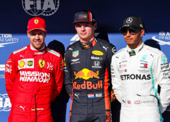 Sebastian Vettel, Max Verstappen et Lewis Hamilton (Photo by Icon Sport)