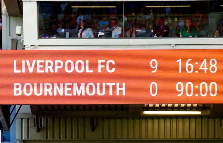 A general view of the scoreboard during the Premier League, Anfield, Liverpool. Août 2022. - Photo by Icon sport