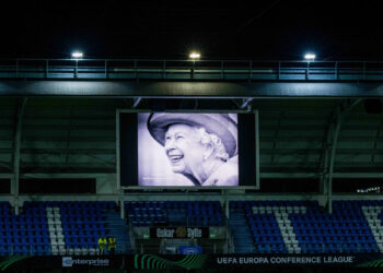 Illustration shows a picture of Queen Elisabeth II on the screen in the stadium before the game between Norwegian Molde SK and Belgian team KAA Gent, Thursday 08 September 2022, in Molde, Norway, the first game (out of six) in the group stage of the UEFA Conference League competition. BELGA PHOTO JASPER JACOBS - Photo by Icon sport