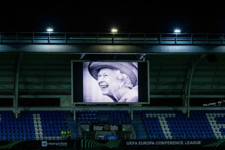 Illustration shows a picture of Queen Elisabeth II on the screen in the stadium before the game between Norwegian Molde SK and Belgian team KAA Gent, Thursday 08 September 2022, in Molde, Norway, the first game (out of six) in the group stage of the UEFA Conference League competition. BELGA PHOTO JASPER JACOBS - Photo by Icon sport