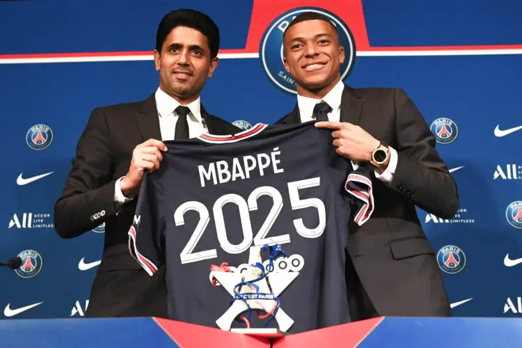 Nasser al Khelaifi (President PSG) - 07 Kylian MBAPPE (psg) during the Press Conference of Paris Saint-Germain at Parc des Princes on May 23, 2022 in Paris, France. (Photo by Philippe Lecoeur/FEP/Icon Sport) - Photo by Icon sport