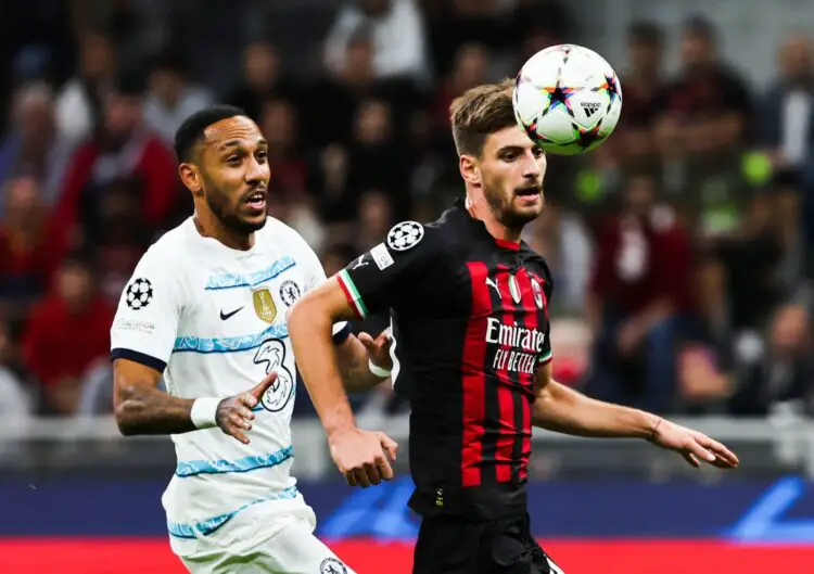 Chelsea's Pierre-Emerick Aubameyang (left) and AC Milan's Matteo Gabbia battle for the ball during the UEFA Champions League Group E match at San Siro Stadium, Milan. Picture date: Tuesday October 11, 2022. - Photo by Icon sport