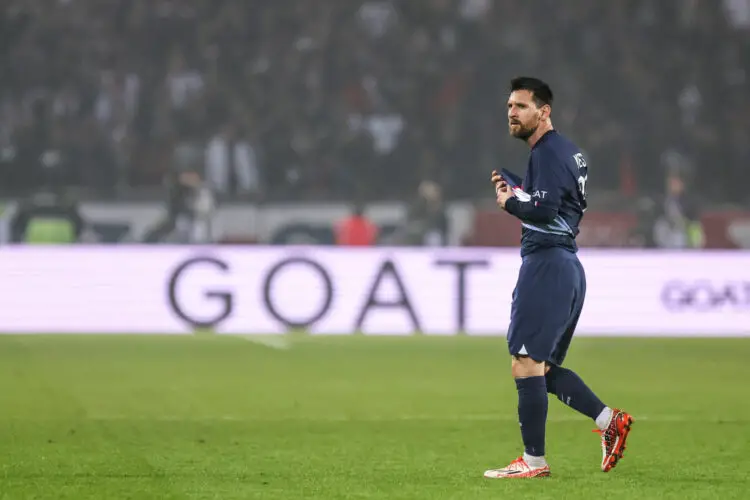 Lionel MESSI of PSG with with the advertising panel GOAT during the Ligue 1 Uber Eats match Paris Saint-Germain and Olympique de Marseille at Parc des Princes on October 16, 2022 in Paris, France. (Photo by Johnny Fidelin/Icon Sport)