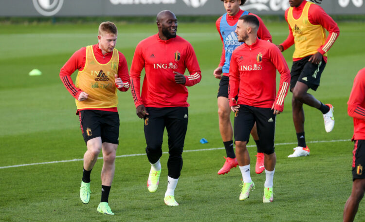 Belgium's Kevin De Bruyne, Belgium's Romelu Lukaku and Belgium's Eden Hazard pictured during a training session of the Belgian national soccer team Red Devils, in Tubize on Tuesday 05 October 2021. The team is preparing for the semi-finals of the Nations League, against France on Thursday. BELGA PHOTO VIRGINIE LEFOUR 
By Icon Sport