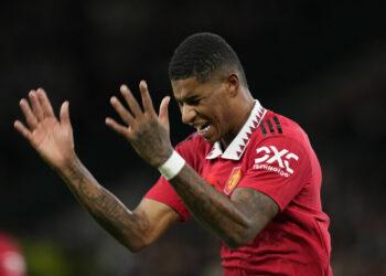 Manchester, England, 10th November 2022. Marcus Rashford of Manchester United reacts during the Carabao Cup match at Old Trafford, Manchester. Picture credit should read: Andrew Yates / Sportimage - Photo by Icon sport