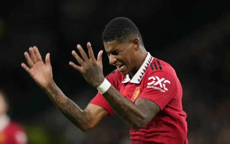 Manchester, England, 10th November 2022. Marcus Rashford of Manchester United reacts during the Carabao Cup match at Old Trafford, Manchester. Picture credit should read: Andrew Yates / Sportimage - Photo by Icon sport