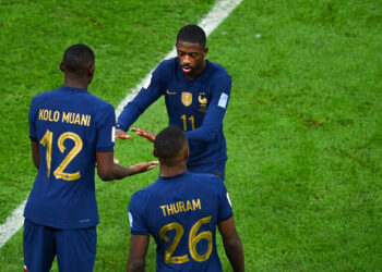 Ousmane DEMBELE of France is replaced by Randal KOLO MUANI of France during the FIFA World Cup 2022 Final between Argentina and France at Lusail Stadium on December 18, 2022 in Lusail City, Qatar. (Photo by Anthony Dibon/Icon Sport)
